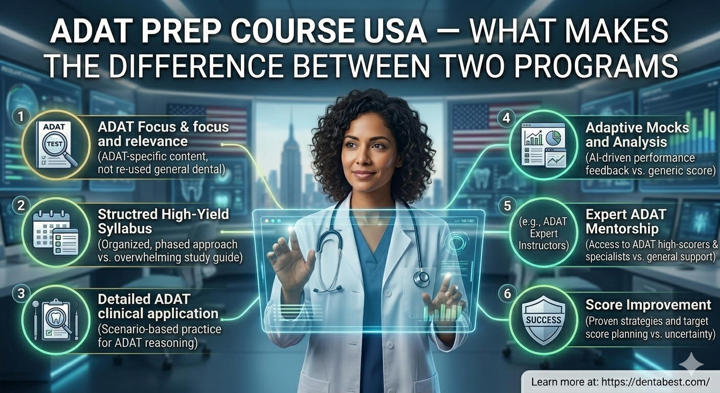 ADAT Prep Course USA comparison showing ADAT exam prep, study materials, and mock exams for dental professionals