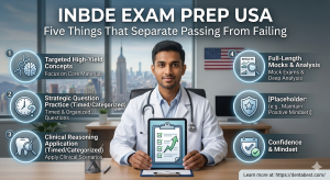 INBDE Exam Prep USA guide showing five key factors that separate passing from failing with effective study materials and preparation strategies