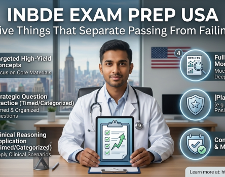 INBDE Exam Prep USA guide showing five key factors that separate passing from failing with effective study materials and preparation strategies